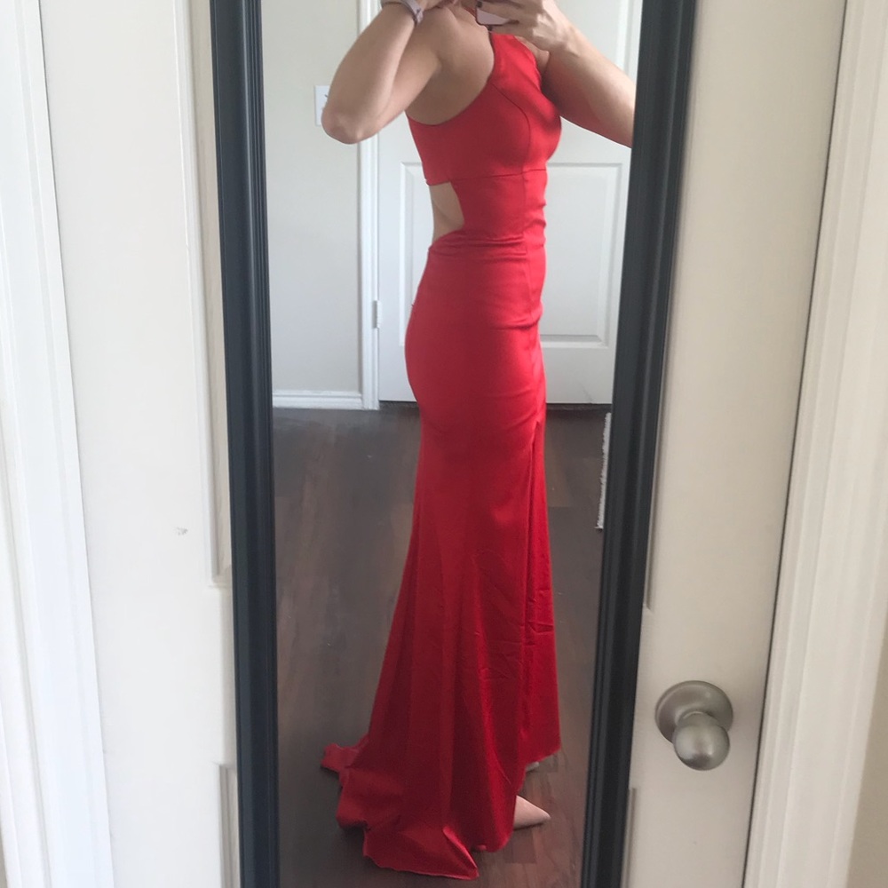 SOLD! Red high neck open back Sherri Hill gown - Picture 3 of 8